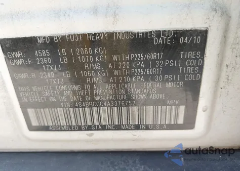 2010 Subaru Outback 2.5I Premium from USA, damaged, VIN 4S4BRCCC4A3376752